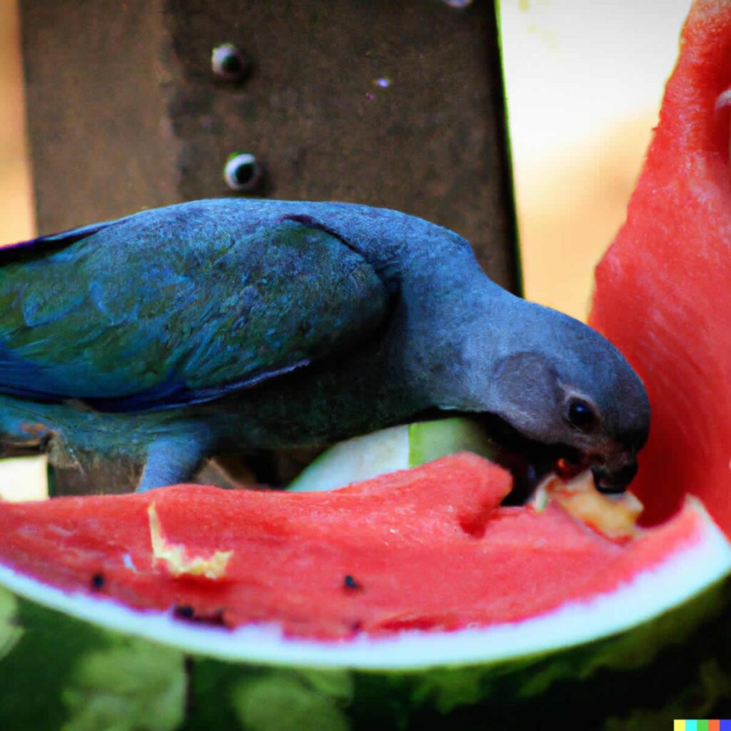  papagaio azul comendo melancia - Dall-E