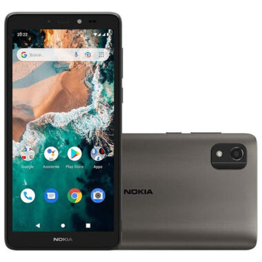 Celular Nokia C2 com tela em pé e traseira ao fundo na horizontal