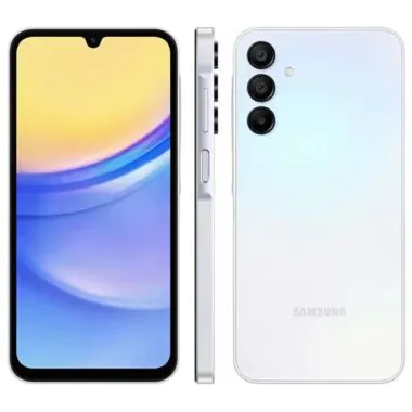 Celular Samsung Galaxy A15 5G com destaque da tela, perfil e traseira